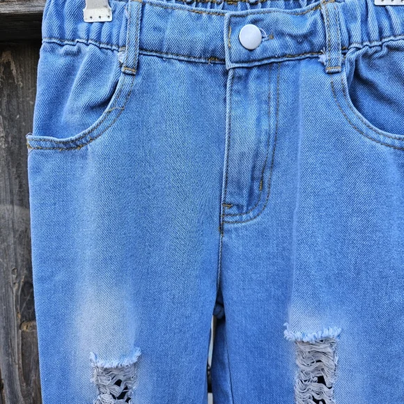 Girls Ruffle Flare Distressed Jeans - Blue 8Y - Picture 5 of 16
